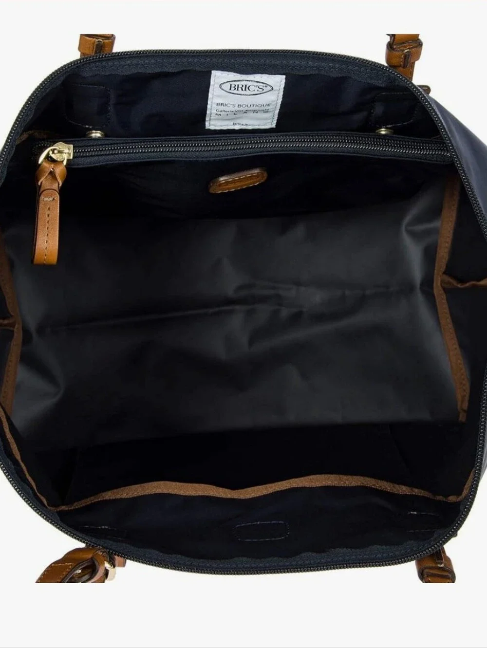 Bric's Milano Black Luxury X-collection Commuter Tote with Tan Leather Handles.